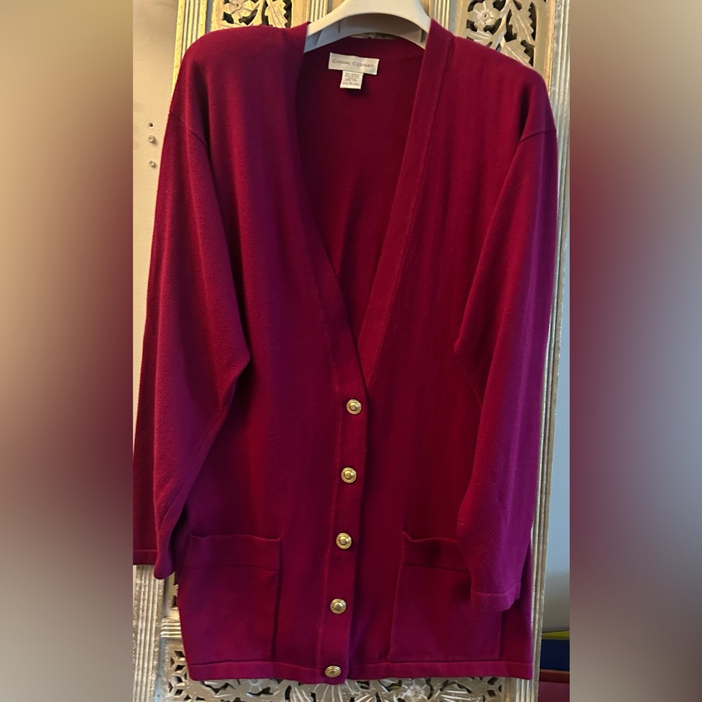 Casual Corner Cardigan Raspberry Burgundy Gold Buttons Removable Shoulder pads